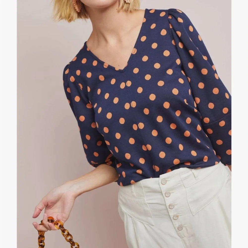 Anthropologie Current Air Structured Polka Dot Sweater.  Size Large. Nav… - Picture 2 of 9